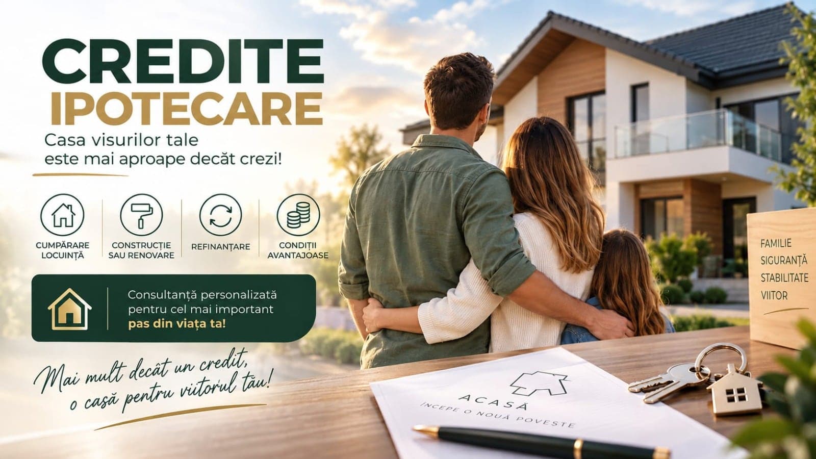 Credite ipotecare — casa visurilor tale este mai aproape decât crezi. Cumpărare locuință, construcție sau renovare, refinanțare, condiții avantajoase. Consultanță personalizată pentru cel mai important pas din viața ta.