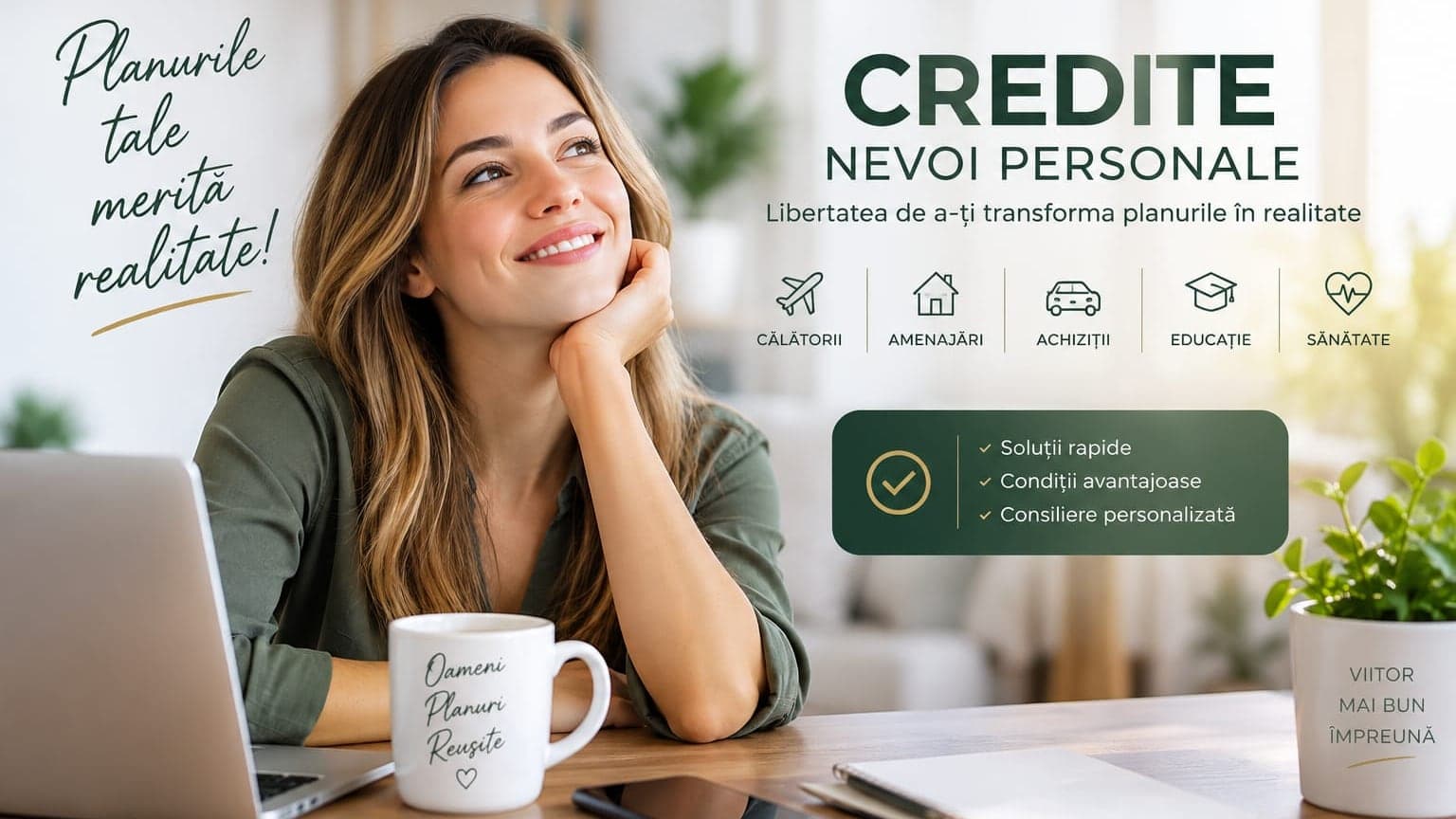 Credite nevoi personale — libertatea de a-ți transforma planurile în realitate. Călătorii, amenajări, achiziții, educație, sănătate. Soluții rapide, condiții avantajoase, consiliere personalizată.