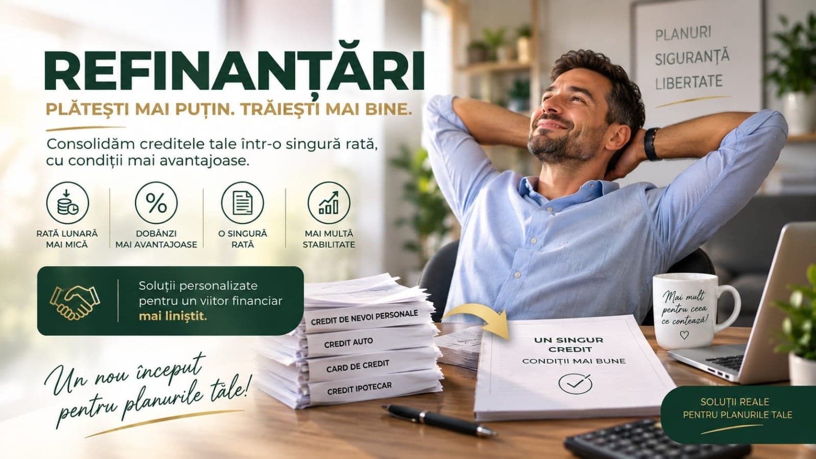 Refinanțări — plătești mai puțin, trăiești mai bine. Consolidăm creditele tale într-o singură rată, cu condiții mai avantajoase: rată lunară mai mică, dobânzi mai avantajoase, o singură rată, mai multă stabilitate.